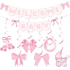 Pink Bow Welcome Baby Banner With Haning Swirls, Bow Baby Girl Banner, Pink Bow Baby Shower Decorations, Welcome Baby Girl Decorations for Girls