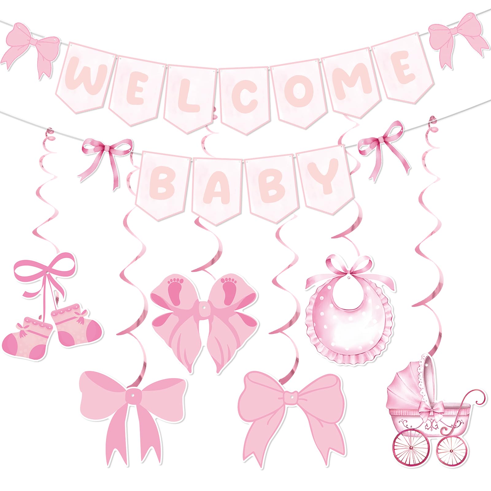 Pink Bow Welcome Baby Banner With Haning Swirls, Bow Baby Girl Banner, Pink Bow Baby Shower Decorations, Welcome Baby Girl Decorations for Girls