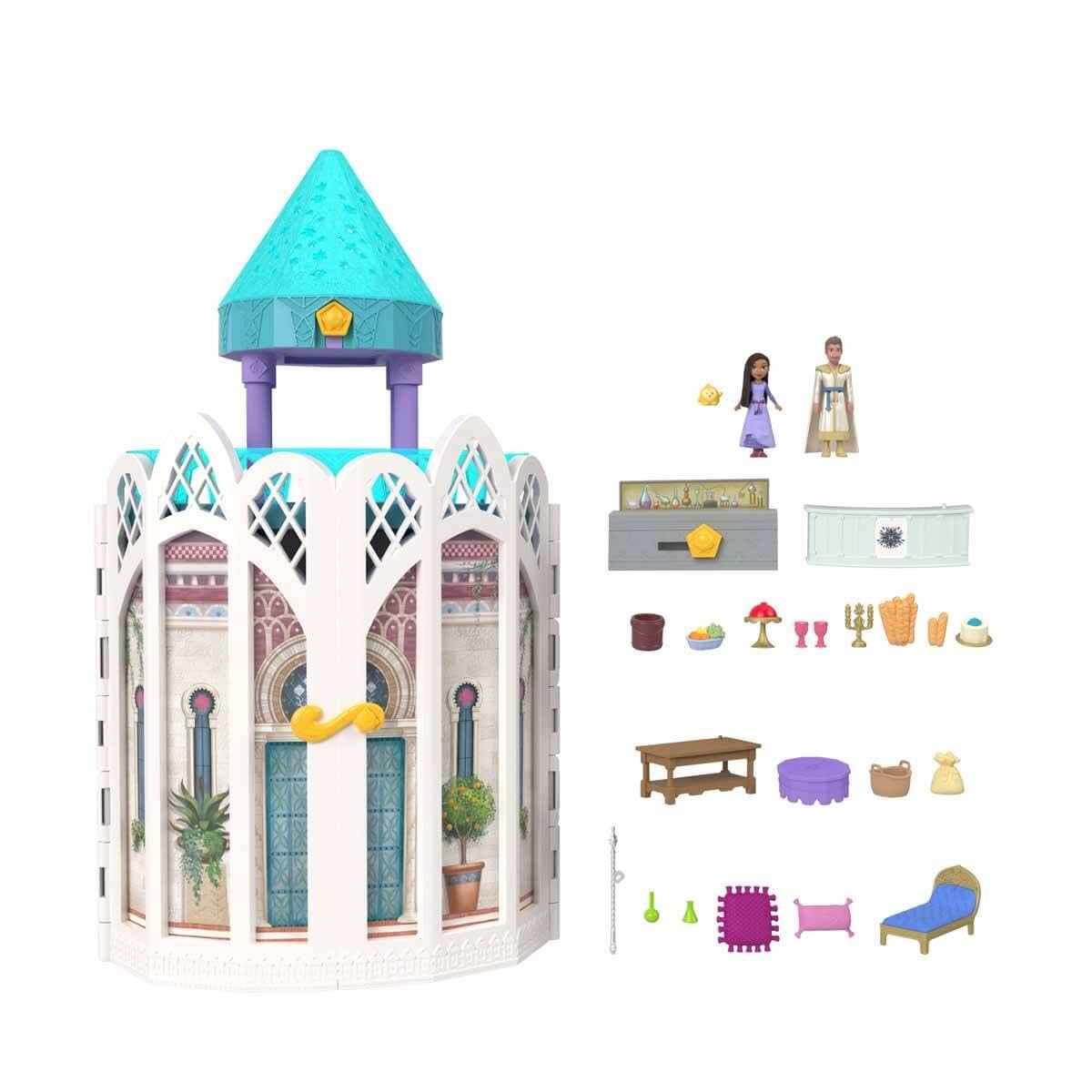 Mattel Disney Wish Toys, Rosas Castle Dollhouse Playset with 2 Posable Mini Dolls, Star Figure, 20 Accessories, Light-Up Projection Dome & More