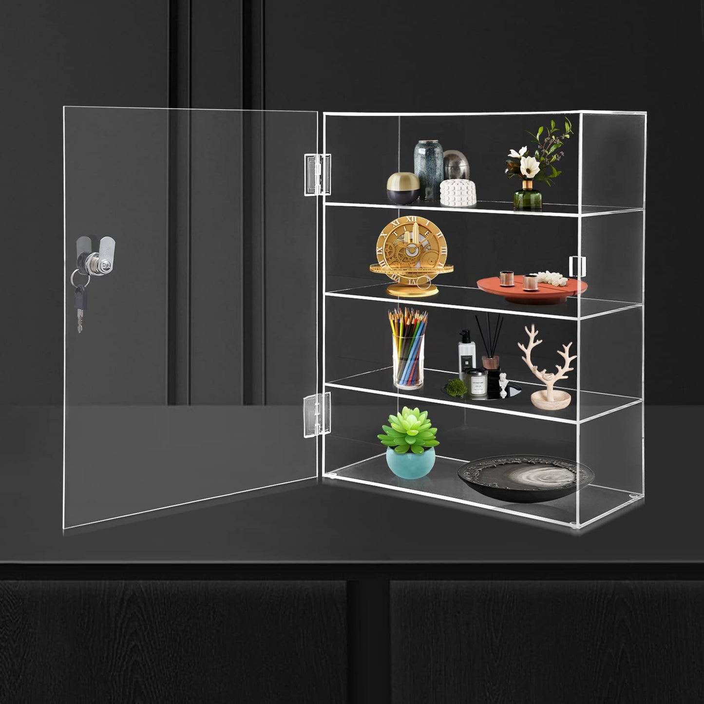 Locking Display Case,Showcase Display Cabinet,4-Tier Acrylic Display Case with Lock Key,Clear Countertop Cabinet, for Home, Stores