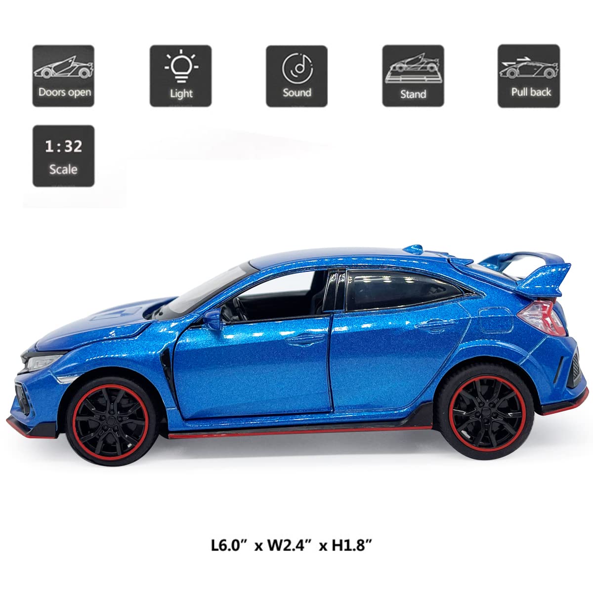 Compatible with Civic Type R Model Car Hatchback Sports Diecast Toy Cars 1/32 Scale Metal Pull Back Children's Die-cast Vehicles, Doors Open Light