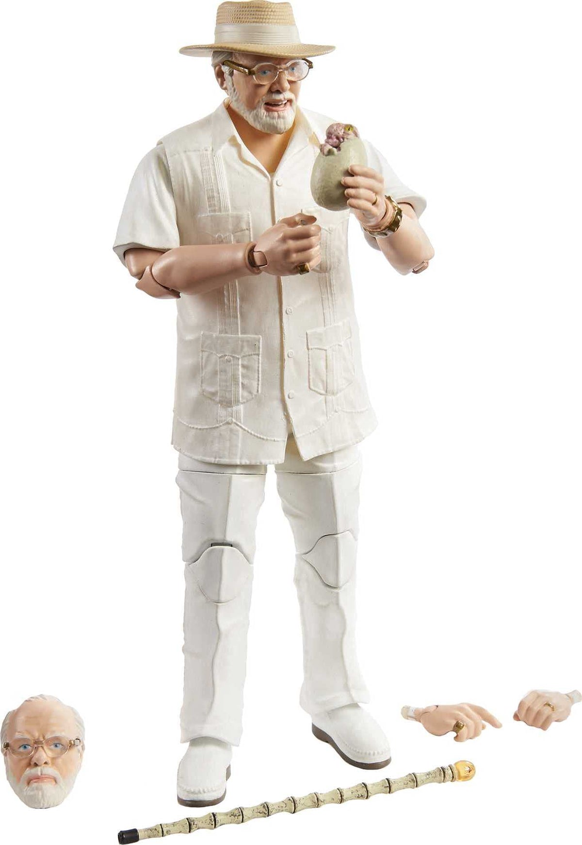 Jurassic World Toys Amber Collection John Hammond 6-in Action Figure, Swappable Hands & Head, Cane & Hatching Dinosaur Egg Accessories, Collectible