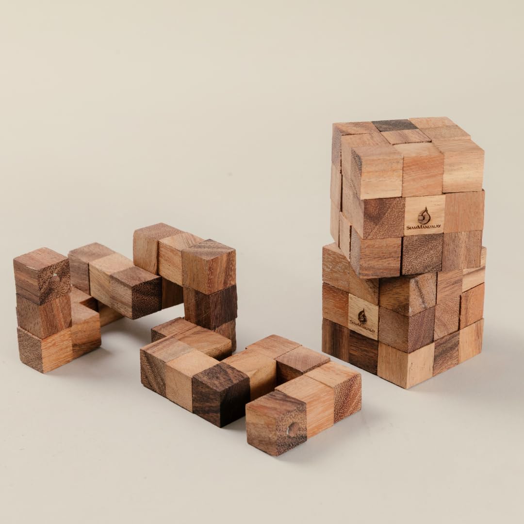 SiamMandalay Snake Cube Puzzle: Wooden 3D Brainteaser Puzzle for Adults STEM Skill Builder Interlocking Game, Educational Problem-Solving Game
