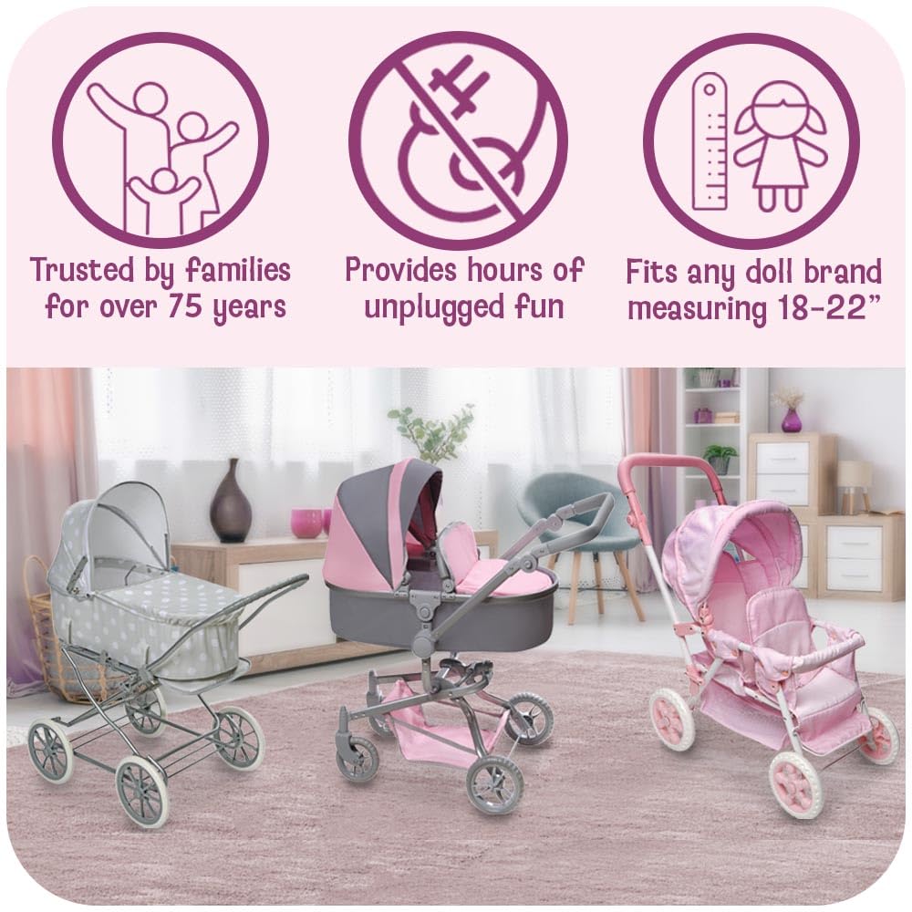 Badger Basket Double Front to Back Stroller for Dolls - Lightweight Foldable Toy Pram with Gingham Fabric Canopy and Storage Basket - Fun Pretend Play