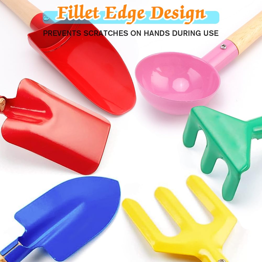 Katroiy 6 Piece Beach Sand Box Toys, Kids Gardening Tools, Made of Metal with Sturdy Wooden Handle, Safe Beach Gardening Set, Spoon, Fork, Rake