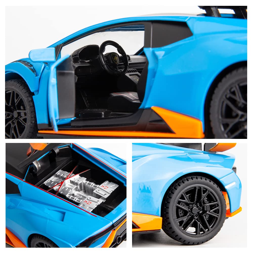 WAKAKAC Model Car 1/24 Scale Compatible for Lambo STO Die-cast Toy Vehicle Pull Back with Light and Sound Toy Car Door Can be Open (Blue)