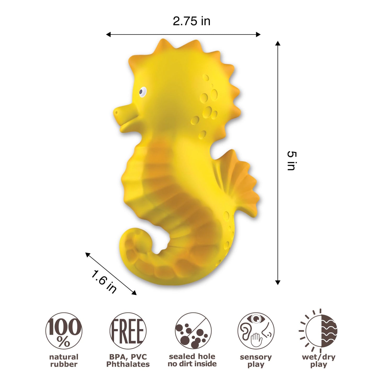 caaocho Pure Natural Rubber Bath Toy - Nalu The Seahorse - Hole Free Bath Toys, BPA Free Bath Toys for Infants, Without Holes Sealed Natural Rubber