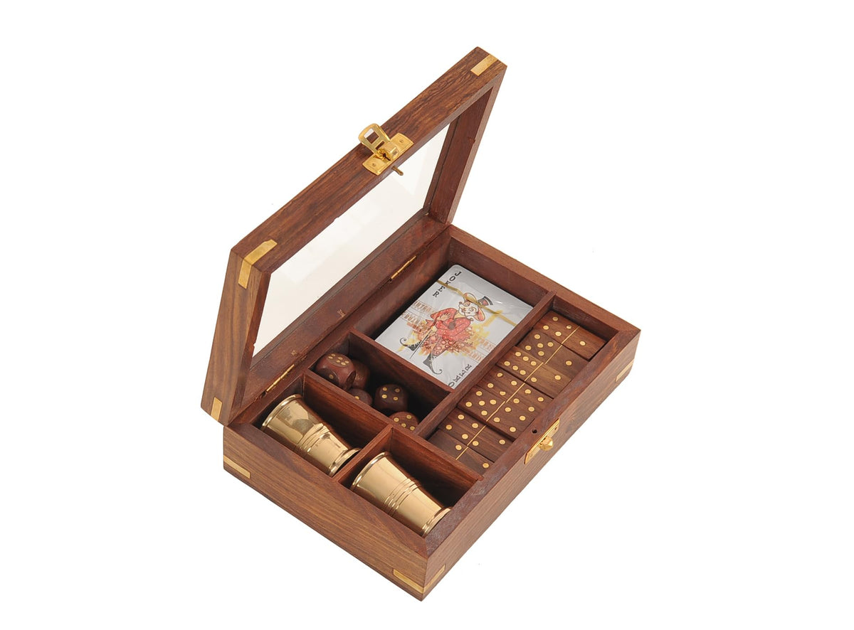 Old Modern Handicrafts Wooden Game Set with Brass Goblet - Endless Family Entertainment: Three-in-One Game Set - A Graceful Addition to Your Home
