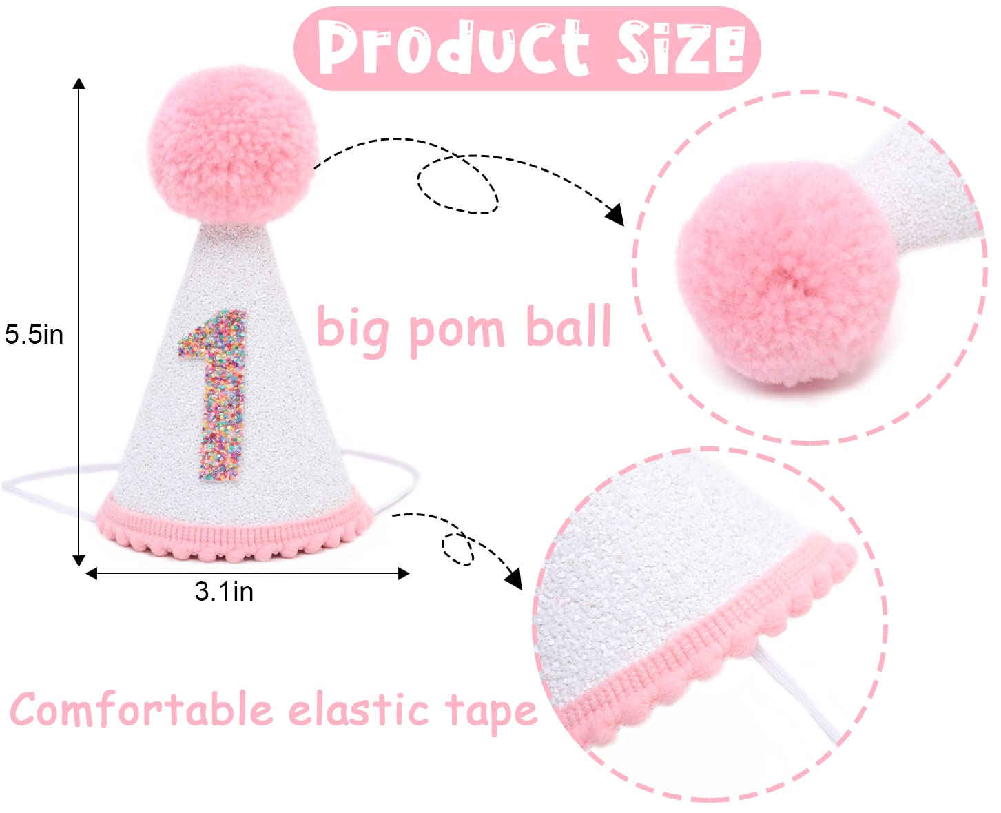 LINLULU First Birthday Hat with Pink Pom Topper - Glitter White Hat, 1st Birthday Cake Smash Photo Prop, Pink Girl Decoration