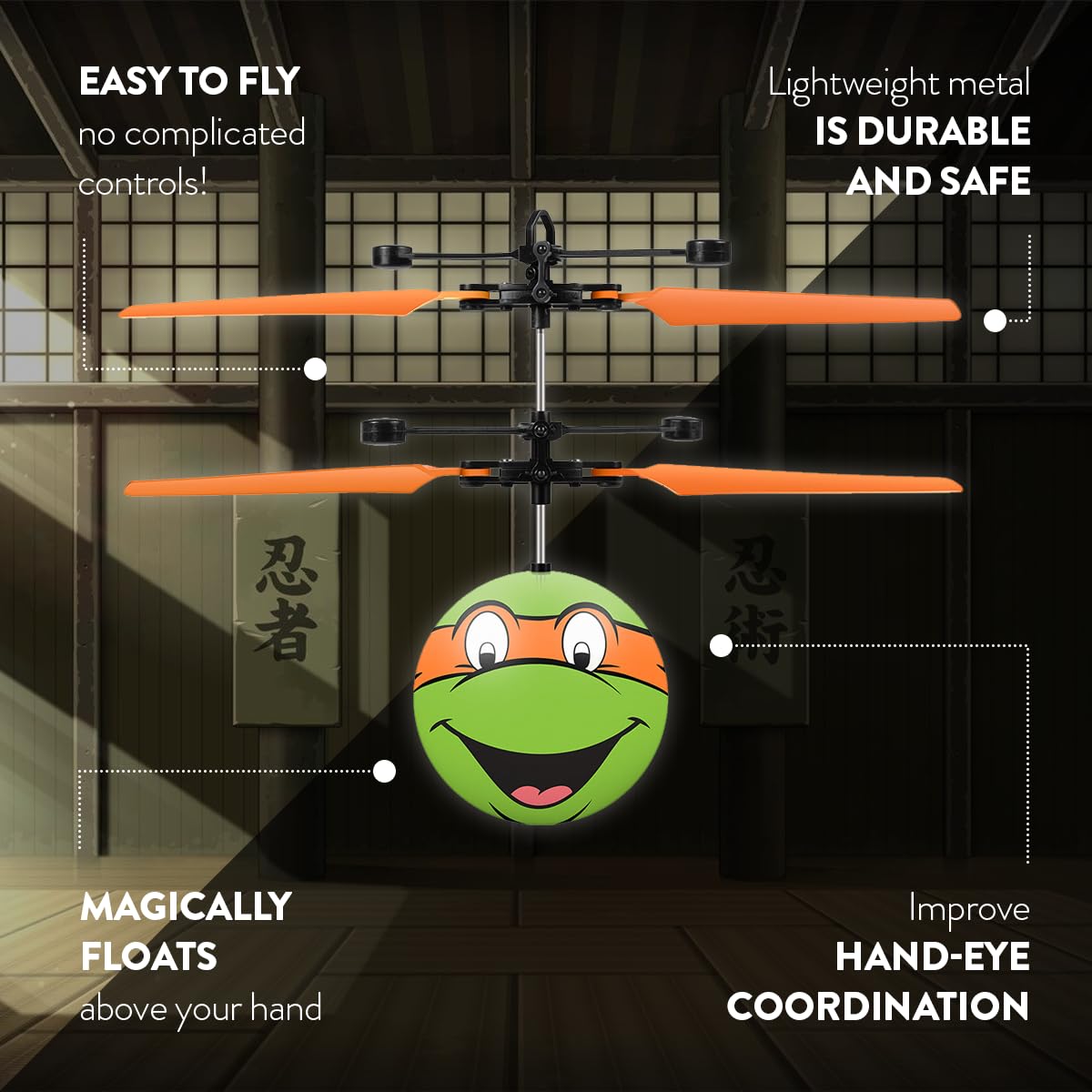 World Tech Toys Ninja Turtles Michelangelo Flying Toy - Motion Sensing Flying Ball with USB Charging - TMNT Licensed - Indoor/Outdoor Drone for Kids