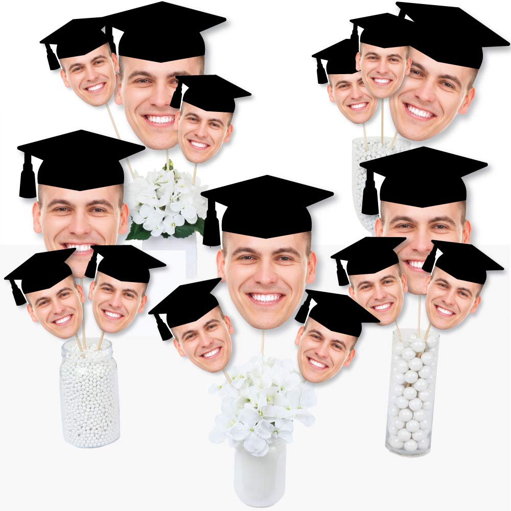 Big Dot of Happiness Grad Cap Fun Face Cutout Centerpiece Sticks - Custom Graduation Photo Head Cut Out Table Toppers - Upload 1 Photo - Set of 15