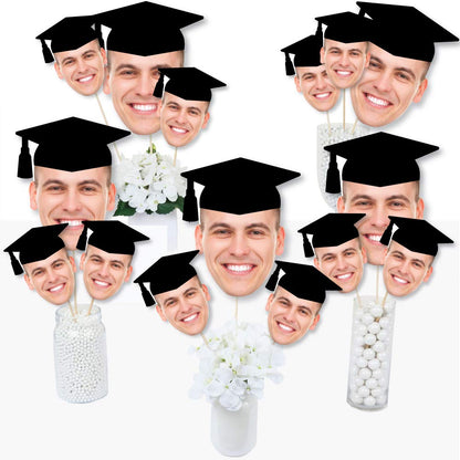 Big Dot of Happiness Grad Cap Fun Face Cutout Centerpiece Sticks - Custom Graduation Photo Head Cut Out Table Toppers - Upload 1 Photo - Set of 15