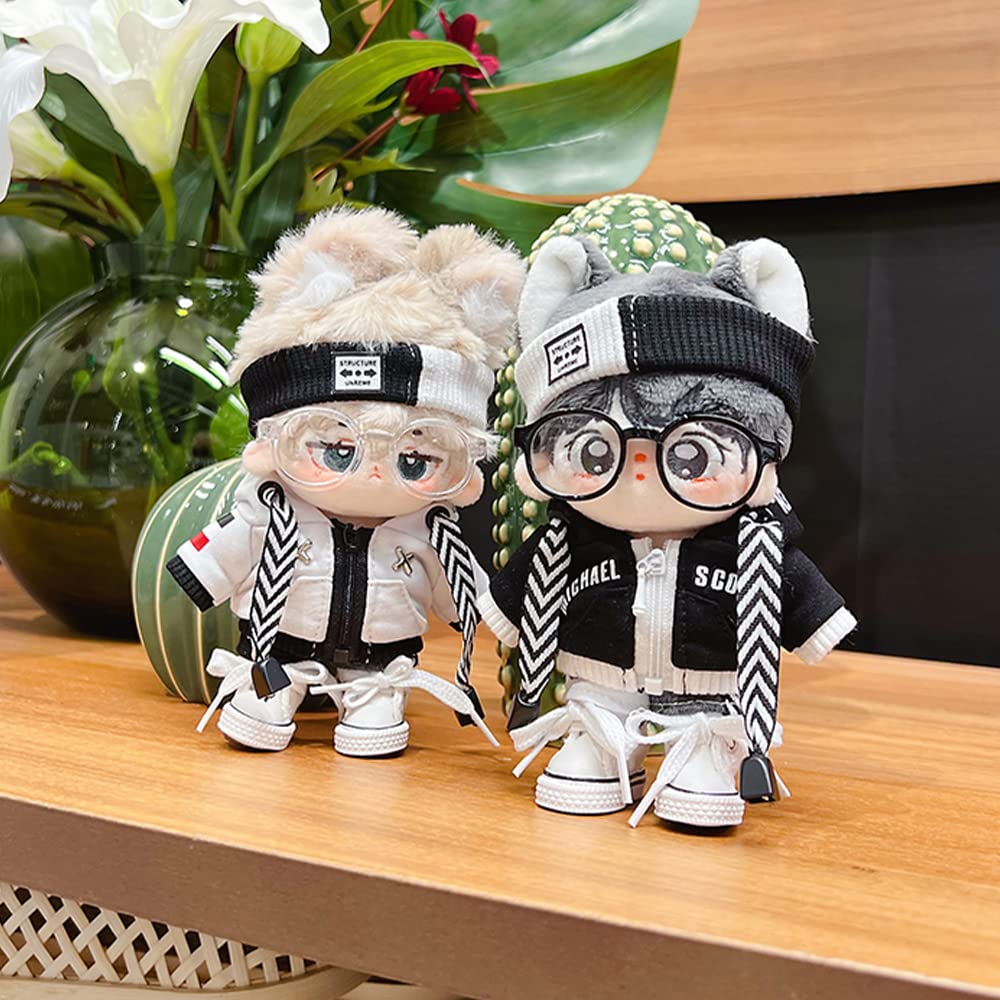niannyyhouse 10cm Plush Doll Clothes Loose Black and White Suit Headwear Hoodie Pants Glasses Shoes Doll Dressup (Black, 10cm)