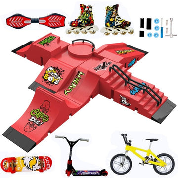 Fingerboard Skate Park Kit,Skateboard Finger Toys with 13 Pieces of Skateboards, Ramps, Skates, Scooters, Bikes and Caster Boards, Funny Mini Finger
