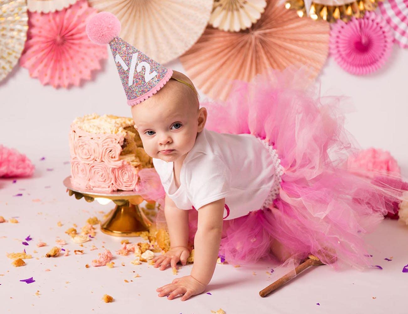 SYESQL Half Birthday Rainbow Cone Hat - Glitter Half Hats Pink,6 Months Party Decor (1/2 Rainbow Hat)