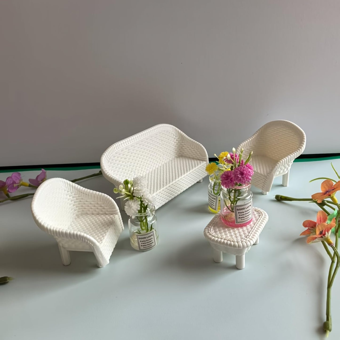 4 Pack Miniature White Wicker Tea Table and Chair Set, Dollhouse Furniture Decor for Bedroom, Handcrafted Miniature Furniture