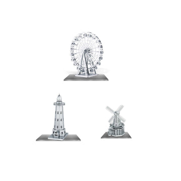 Set of 3 Metal Earth 3D Laser Cut Building Models: Ferris Wheel - Windmill - Lighthouse