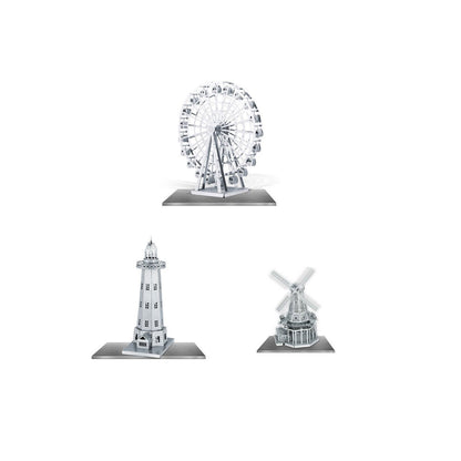Set of 3 Metal Earth 3D Laser Cut Building Models: Ferris Wheel - Windmill - Lighthouse