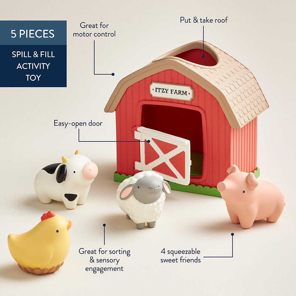 Itzy Ritzy Put & Take Activity Toy - Spill & Fill Sensory Toy with 4 Squeezable Barnyard-Themed Pieces for Infants & Toddlers - Great for Sorting