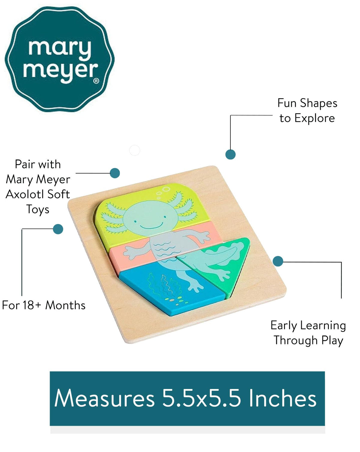 Mary Meyer LittleWood Puzzles Wooden Puzzle for Toddlers, Preschool Gift for 18+ Months, Fun & Educational Baby Toy, 5.5 x 5.5-Inches, Axolotl