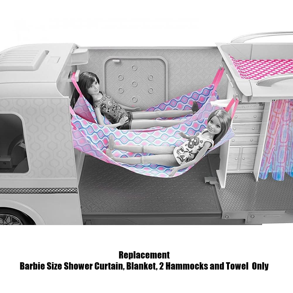 Mattel Replacement Barbie Size Shower Curtain, Blanket, 2 Hammocks and Towel for Barbie Camper Playset - FBR34, Pink, Blue, Yellow