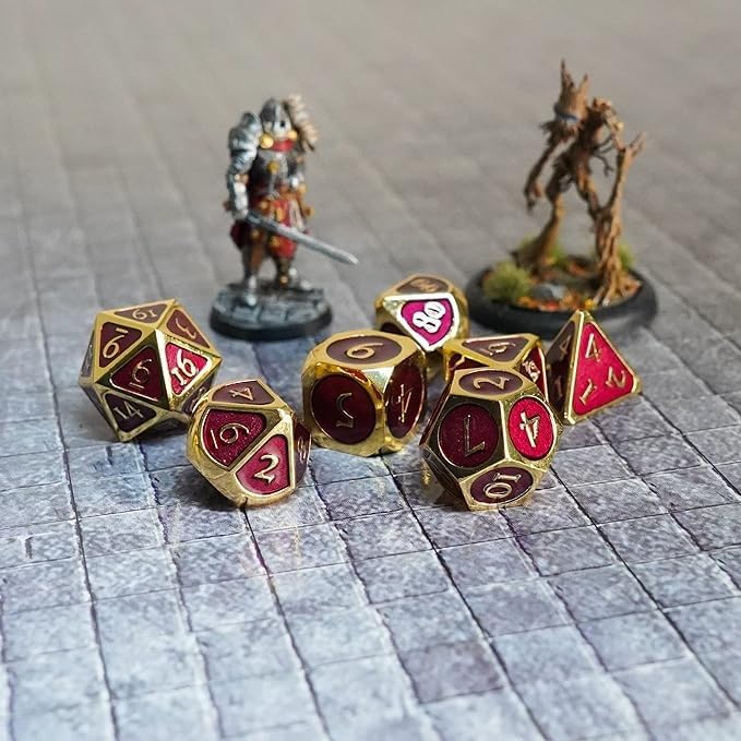 FanRoll 16mm Metal Polyhedral DND Dice Set: Gold w/Purple Enamel, Role Playing Game Dice for Dungeons and Dragons