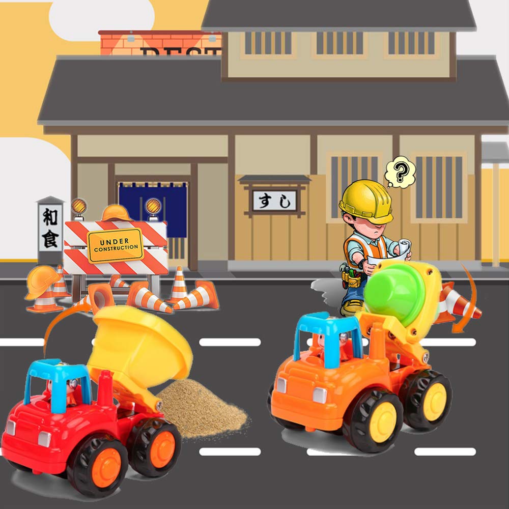 Yiosion Friction Powered Cars Push and Go Trucks Construction Vehicles Toys Set of Tractor Bulldozer Dump Truck Cement Mixer for Baby Toddlers Infants