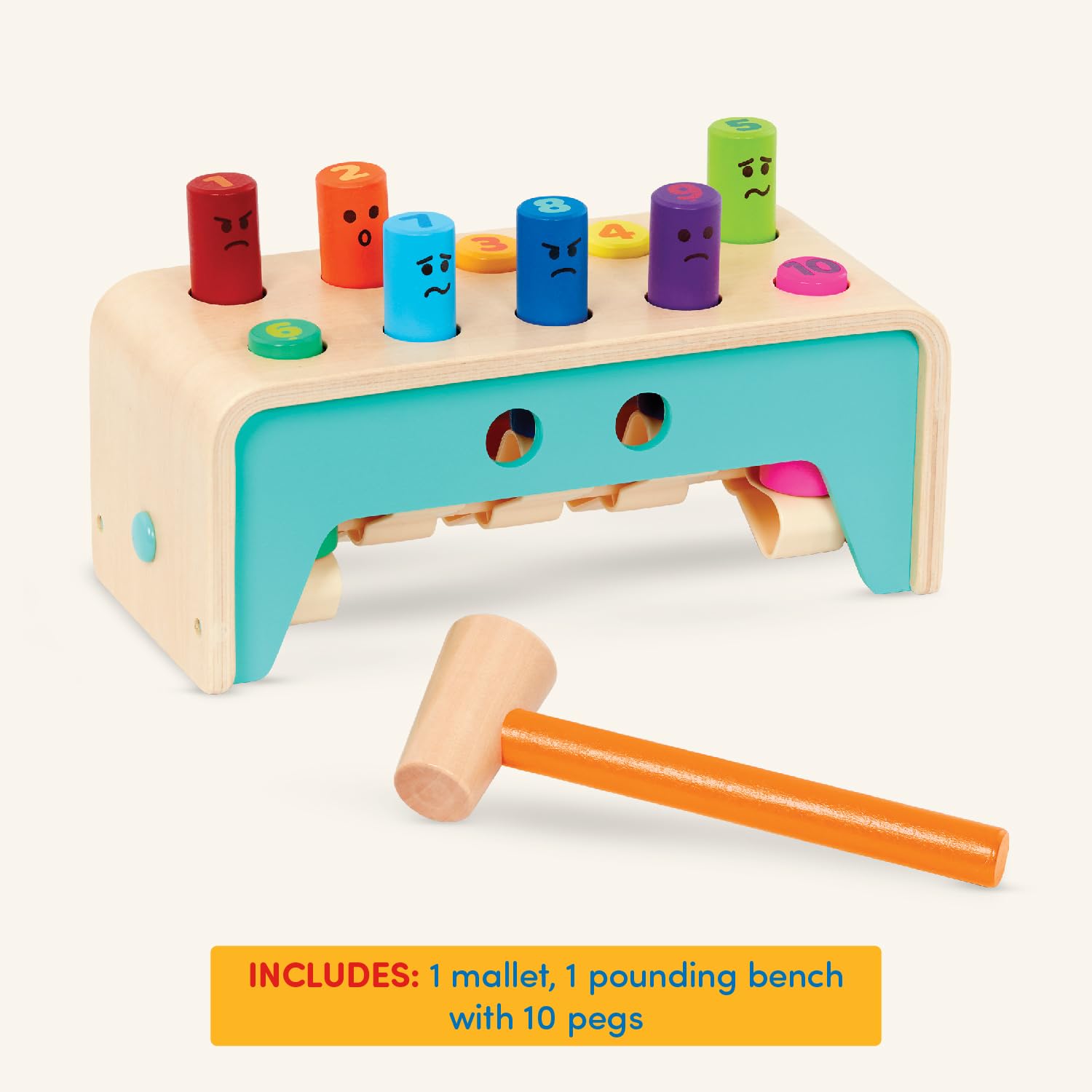 Battat - Wooden Hammer Toy for Kids, Toddlers - Pounding Bench with Pegs and Mallet - Colorful Developmental Toy - 1 Year + - Pound & Count Bench