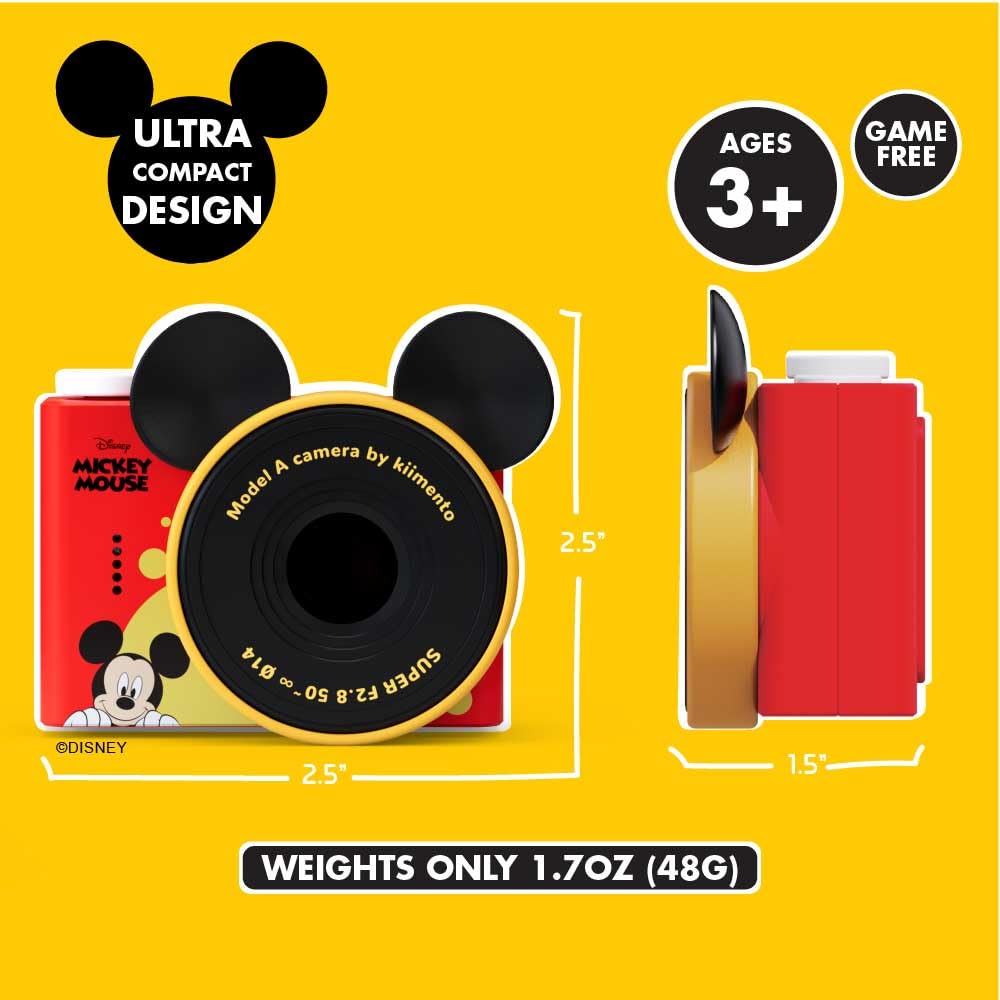 kiimento Ultra-Compact Kids Digital Camera & Video Camcorder for Ages 3-5 with Selfie Lens, 32GB Memory Card, Handmade Strap - Model A (Mickey Mouse)