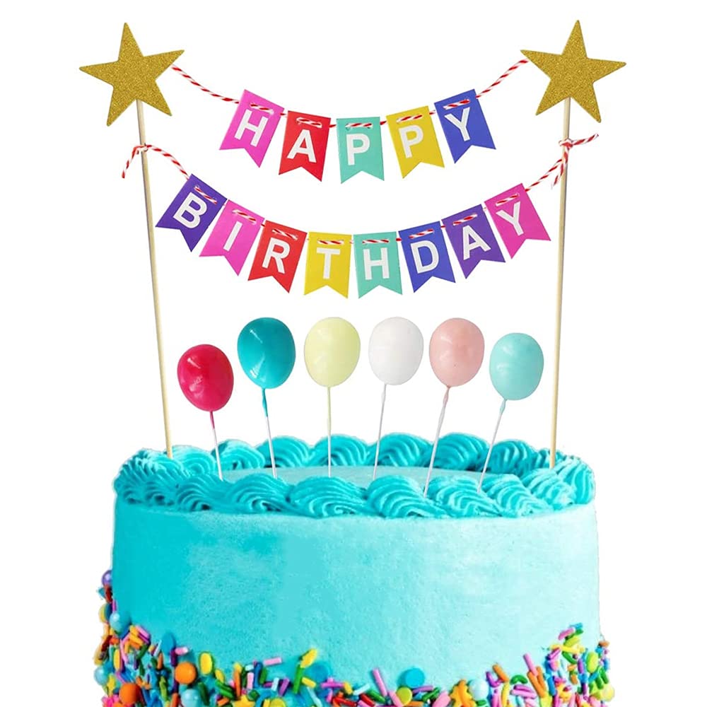 Xihuimay 15pcs Cake Topper Birthday Set Happy Birthday Banner Handmade Cupcake Topper including Colorful Rainbow Clouds Balloon Stars Picks for Boys