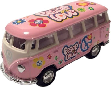 KiNSMART 1962 Volkswagen Classic Hippie Love & Peace Bus 1:64 Scale 2.5 Inch Die Cast Metal Model Key Chain, Pullback Action (Pink)