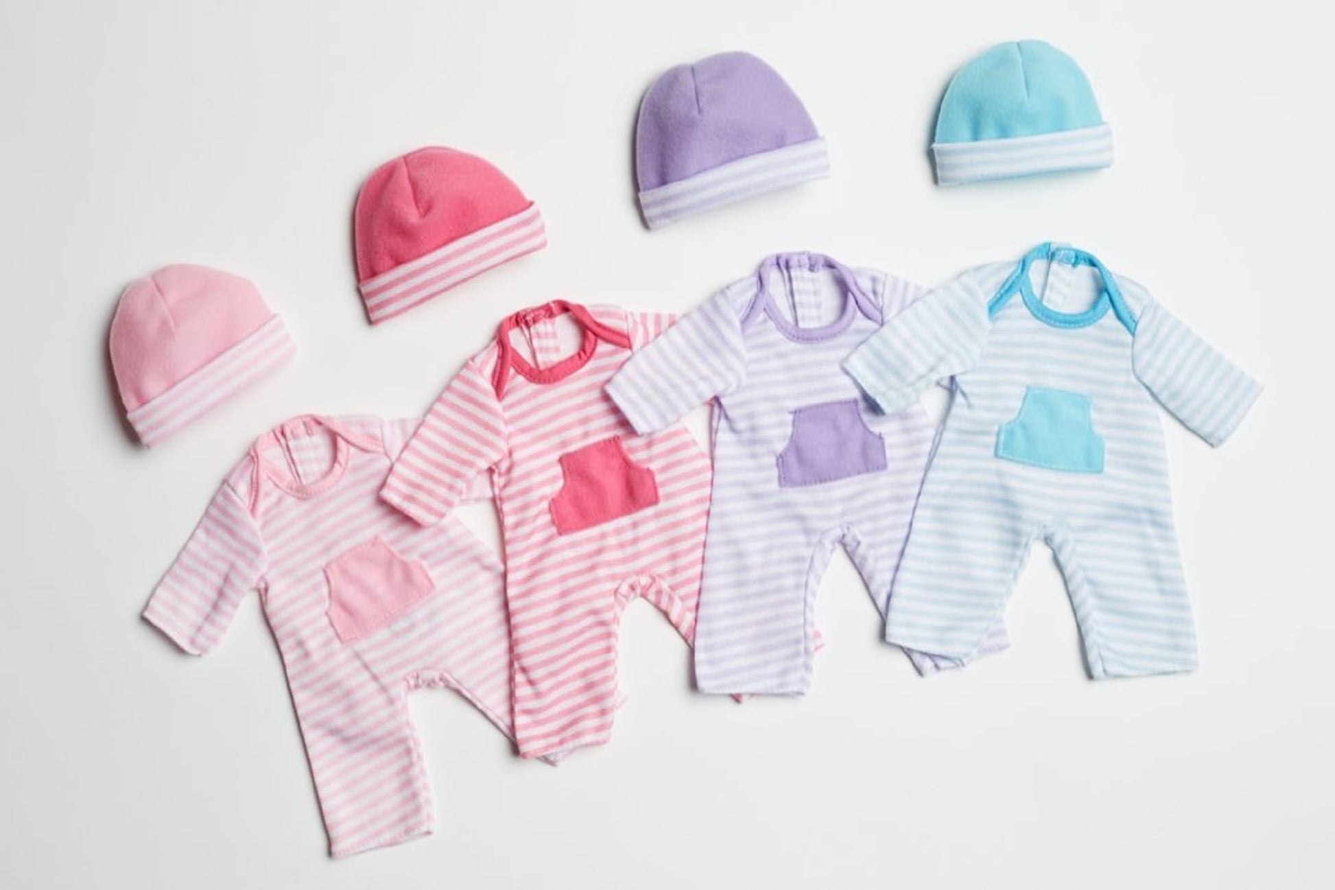 JC Toys | 4 Assorted Baby Doll Rompers and Hats | Pink + Blue + Light Pink + Purple | | Ages 2+ | Fits Dolls 10"- 12"