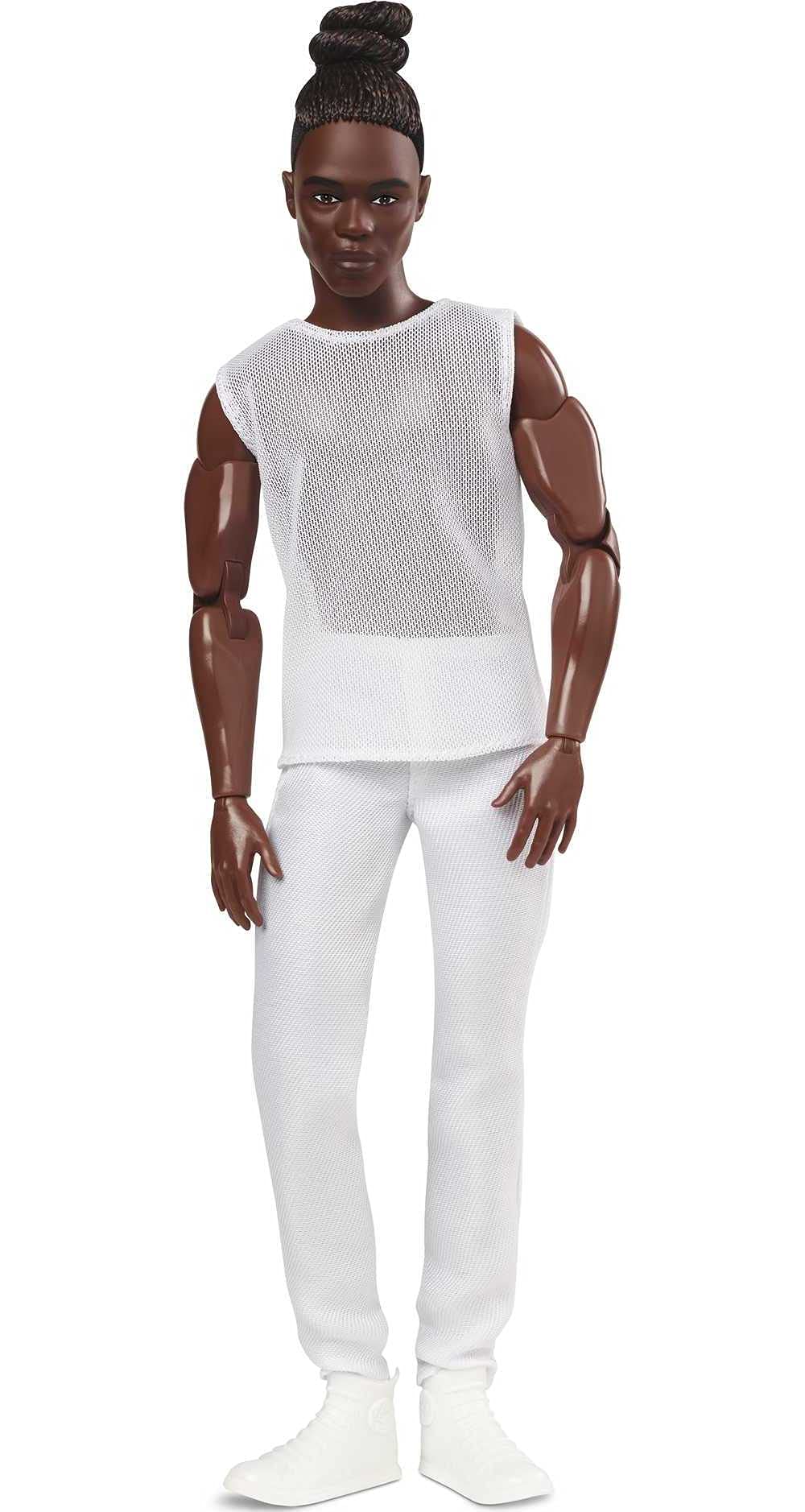 Barbie Signature Looks Ken Doll (Brunette with Braids & Bun Hairstyle) Fully Posable Fashion Doll Wearing White Shirt & Pants, Gift for Collectors