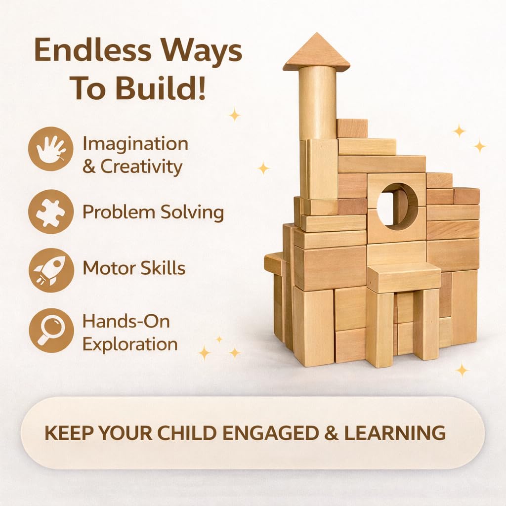 MOD Complete 100-Piece Wood Building Blocks Set - Includes Heavy Duty Shape-Sorter Lid & Storage Bucket Wooden Blocks, Educational Screen-Free Toy