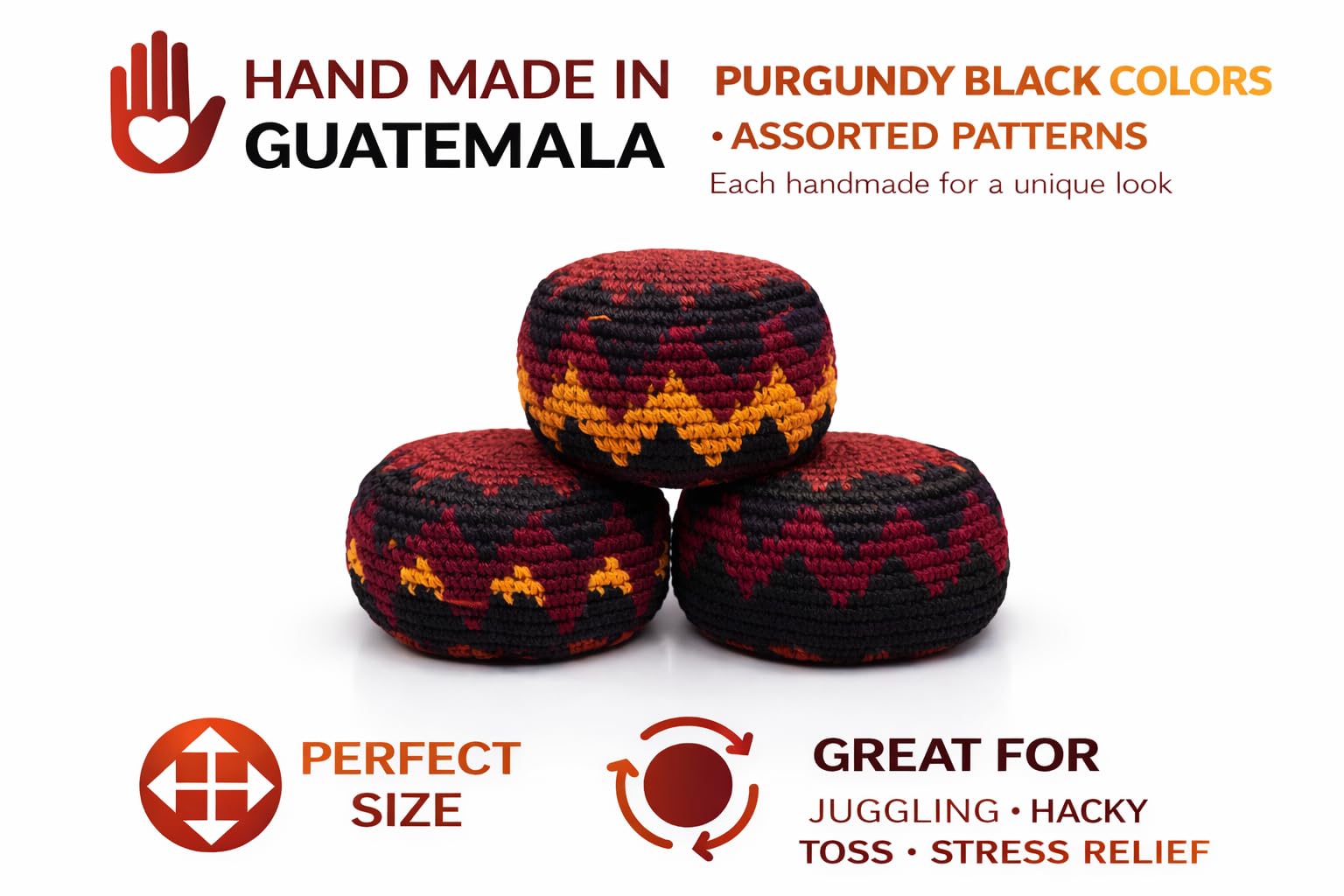 Funny Guy Mugs Footbag Balls 3 Pack Handmade Crocheted Kick Toss Balls from Guatemala Assorted Patterns Burgundy Black