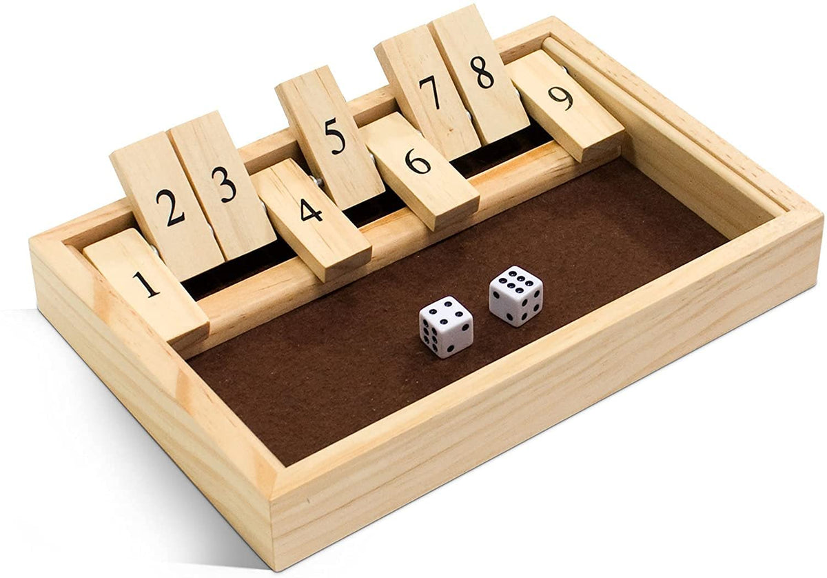 Classic Dice Board Game - 9 Number Flip Tiles with Natural Wooden Box - 11 inches