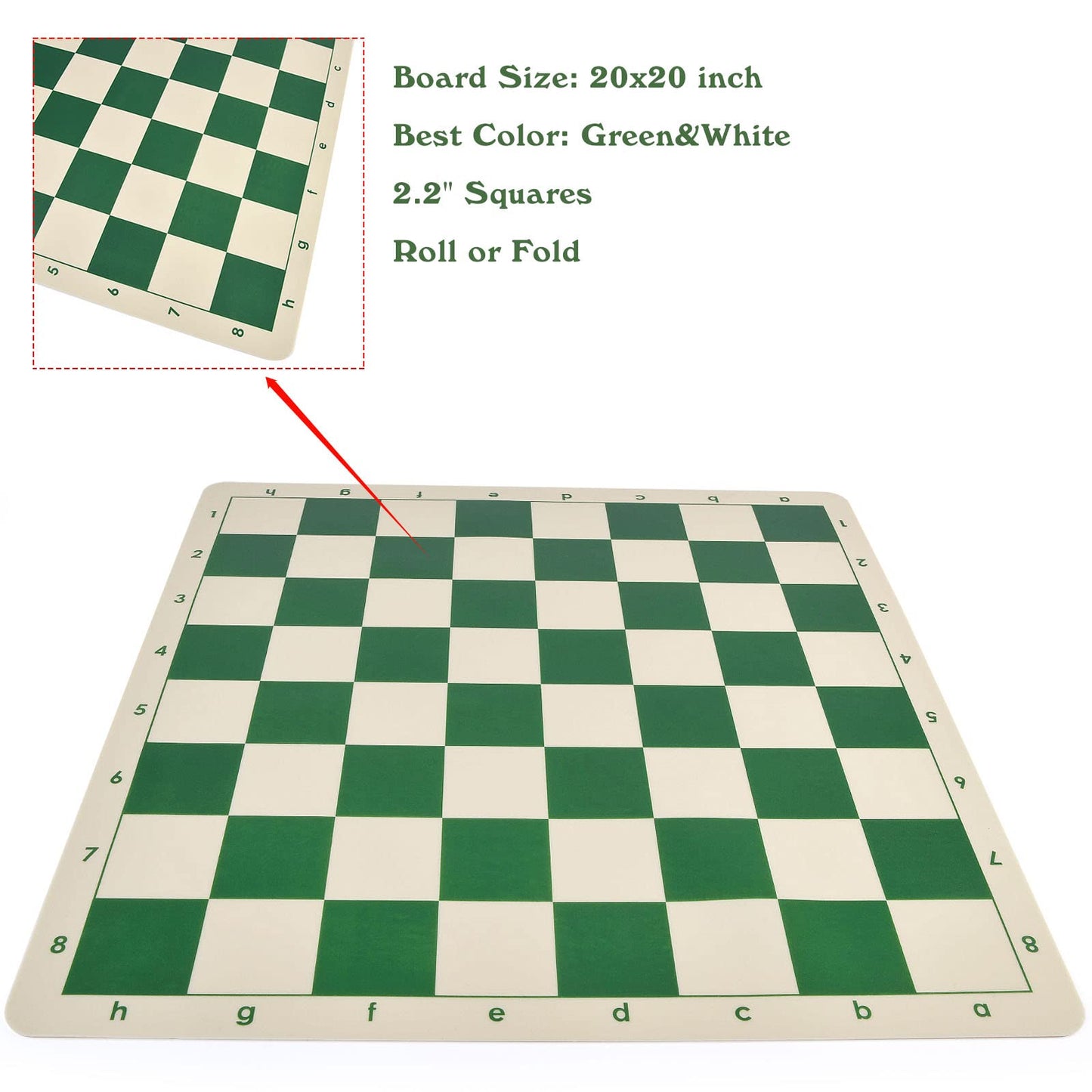 OUMODA 4" King Tournament Chess Set Foldable 20" Silicone Chess Board Mat with 2.2" Squares Green Color, Weighted Chess Pieces- 2 Extra Queens