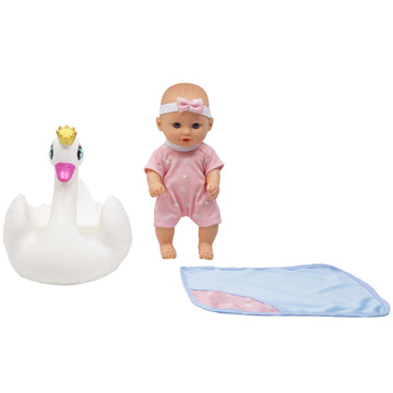 Dream Collection: 10" Bath Time Baby Doll & Swan Floatie Set - Onesie Outfit & Headband, Swaddle Blanket Towel, Hard Body, Water Play Toy Set, Kids 2+
