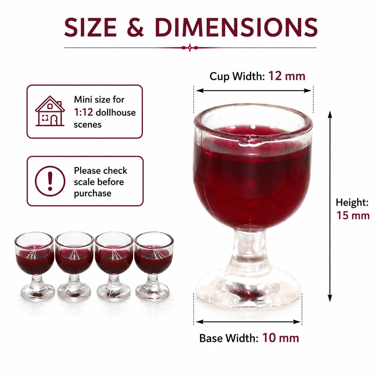 4Pcs Miniature Wine Glasses, Red, 1:12 Scale Dollhouse Accessories, Room Decoration Display
