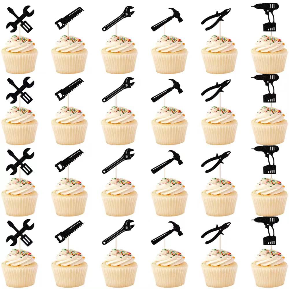 24PCS Tools Cupcake Topper?Wrench Hammer Drill Pliers Handsaw Tape Measure Screwdriver Construction Tools Cake Decorating?Boys Men Birthday Cake