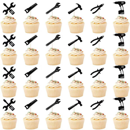 24PCS Tools Cupcake Topper?Wrench Hammer Drill Pliers Handsaw Tape Measure Screwdriver Construction Tools Cake Decorating?Boys Men Birthday Cake