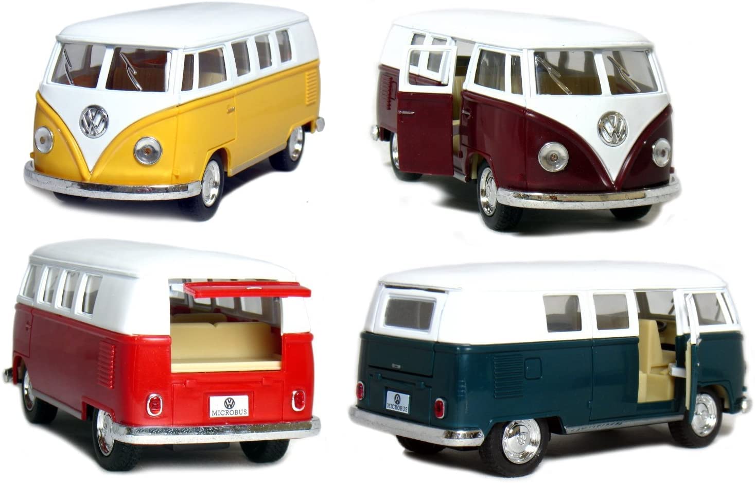 KiNSMART 1962 Volkswagen Classic Bus 1:32 Scale 5" Die Cast Metal Model Toy Van Pullback Acation (4 Set)