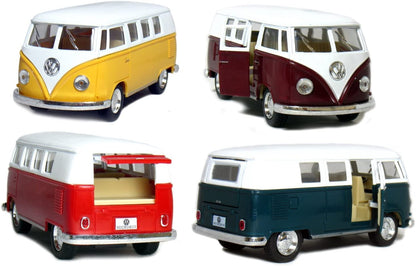KiNSMART 1962 Volkswagen Classic Bus 1:32 Scale 5" Die Cast Metal Model Toy Van Pullback Acation (4 Set)