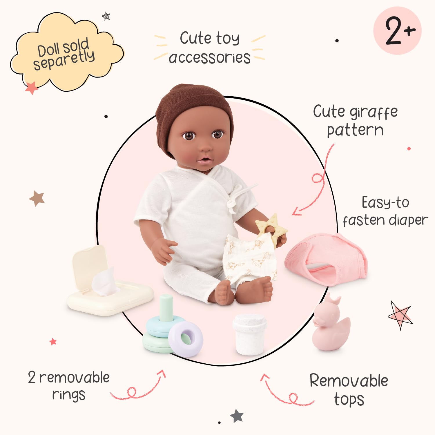 LullaBaby - 9 Pieces Changing Set - Diaper, Baby Wipes & Stacking Rings -14-Inch Baby Doll Accessories - Pretend Play 2+ Years - Play & Care Set
