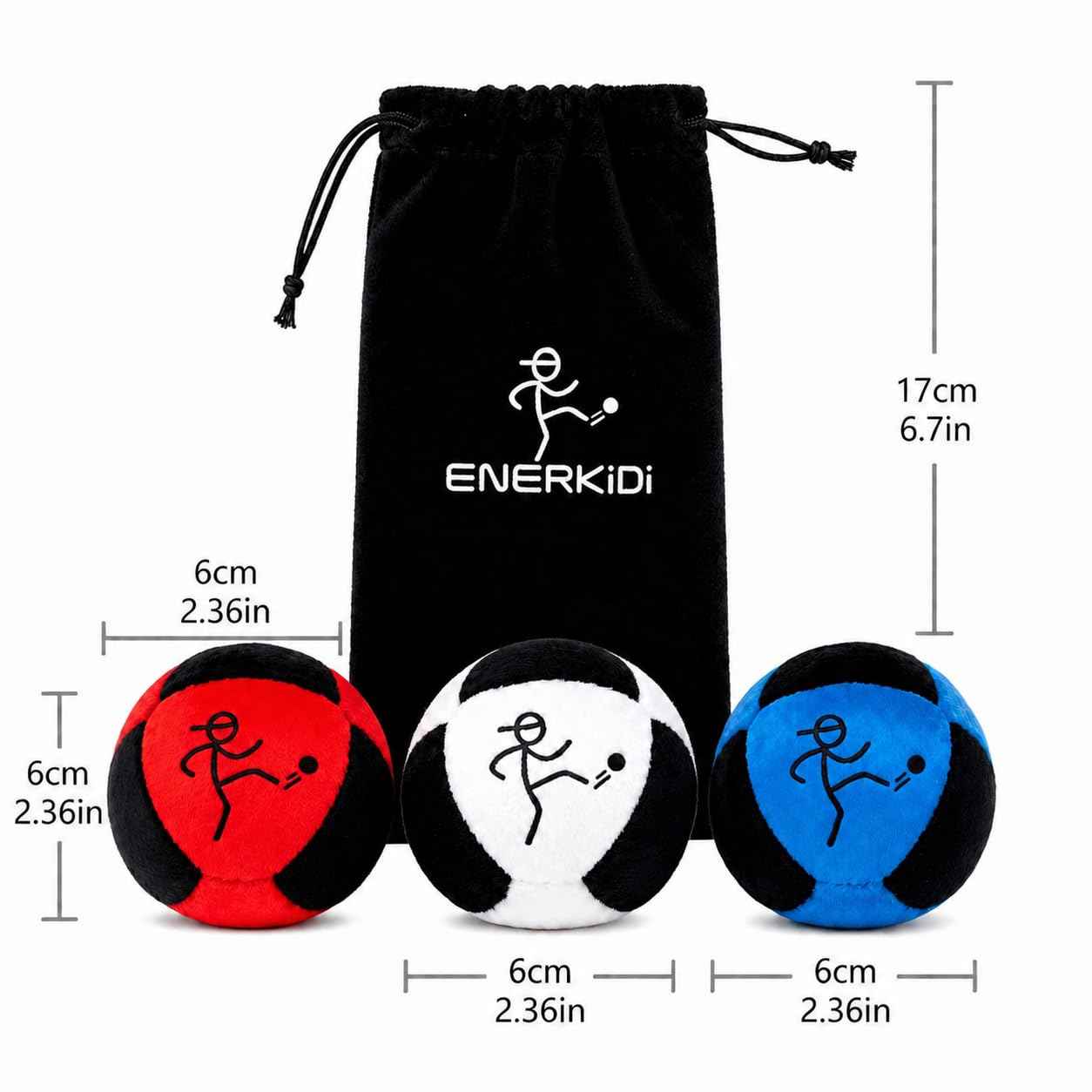 ENERKIDI 3 Pack Footbag Set, 8-Panel Kick Balls with Drawstring Storage Bag