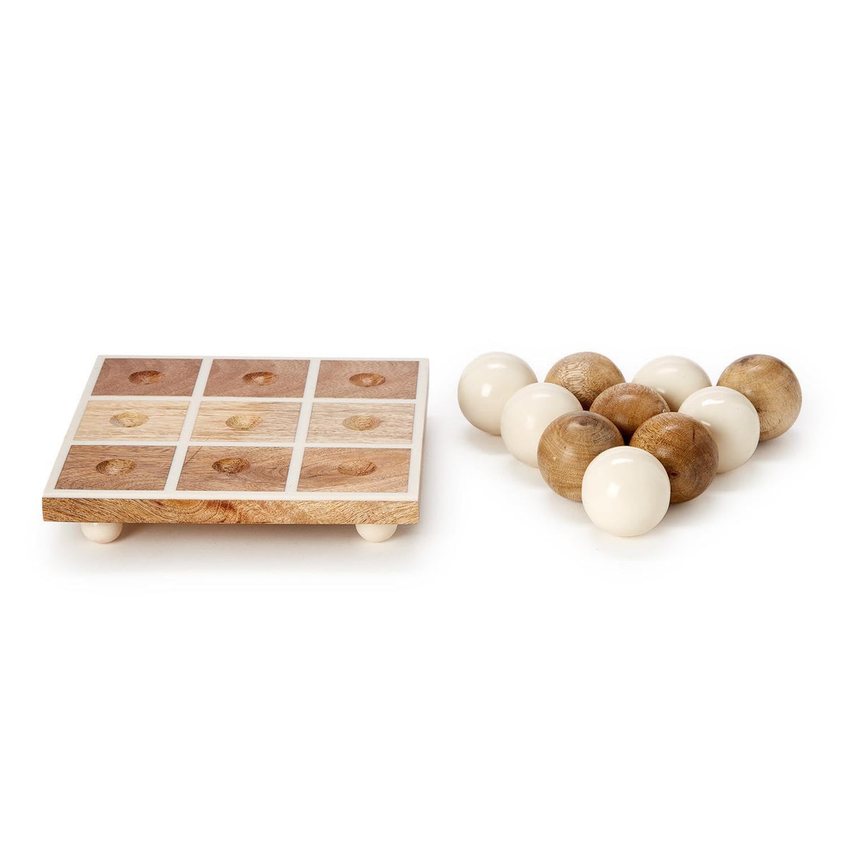 Two's Company San Marco Hand-Crafted Footed Tic-Tac-Toe Game with Round Balls, 8-Inch, Wood, Natural