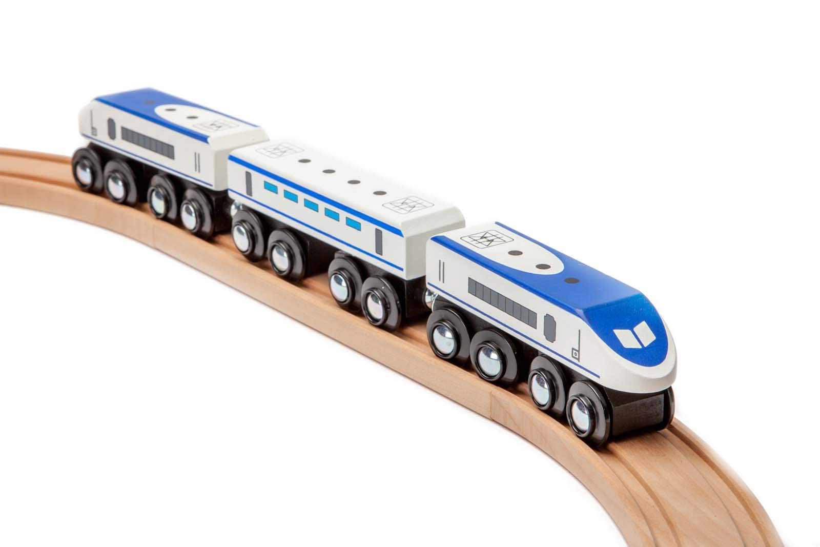 maxim enterprise, inc. Express Train Set, Bullet Train for Wooden Train Track, Train Set of 2 Engines & 1 Passenger Car, Compatible with Thomas