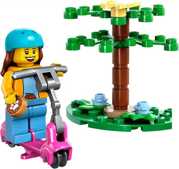 LEGO City: Girl Rider Minifigure with Pink Scooter, Dog, and Tree Scenery
