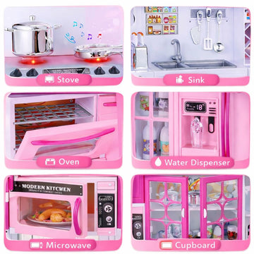 Doll Kitchen Playset for Kids, My Modern Mini Kitchen House Furniture Pretend Play Toy Accessories Set with Realistic Lights & Sounds for Toddlers