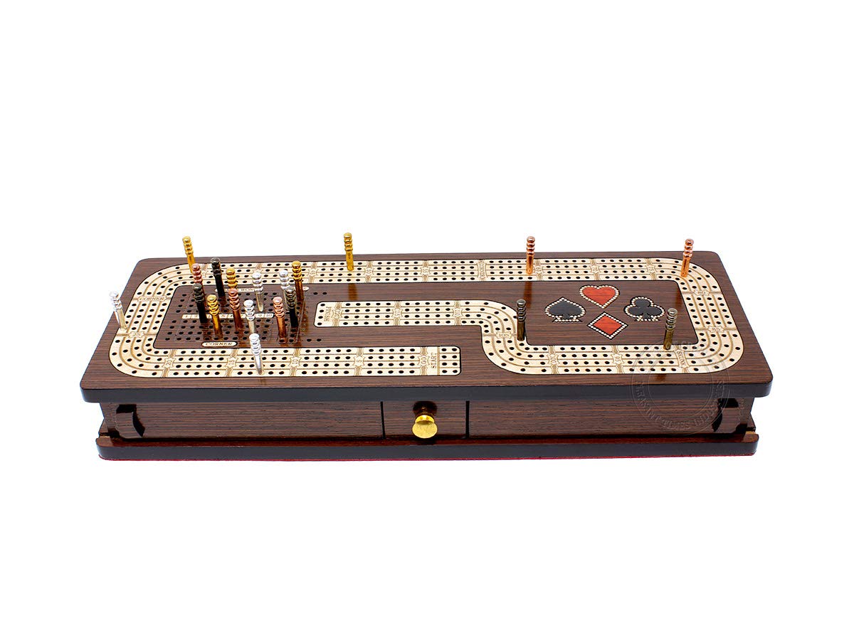 House of Cribbage - Continuous Cribbage Board/Box Inlaid in Wenge Wood/Maple : 4 Track - Cards & Pegs Storage Drawer with Score Marking Fields